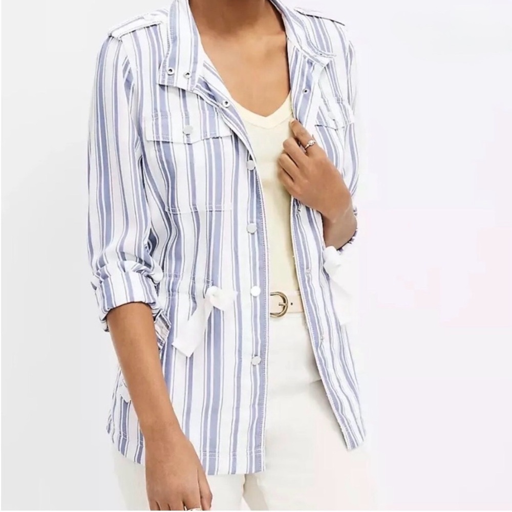 EUC, LOFT Drawstring Polished Utility Jacket, Blue & White Striped, Size L